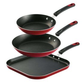 Everyday 3 Pieces Aluminum Non-stick Fry Pan and Griddle Set – Metallic Red