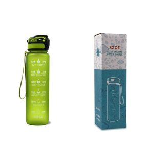 1L Tritan Water Bottle With Time Marker Bounce Cover Motivational Water Bottle Cycling Leakproof Cup For Sports Fitness Bottles-Green with box-1L