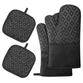 Kitchen Oven Gloves, Silicone and Cotton Double-Layer Heat Resistant Oven Mitts/BBQ Gloves (Color: Black)